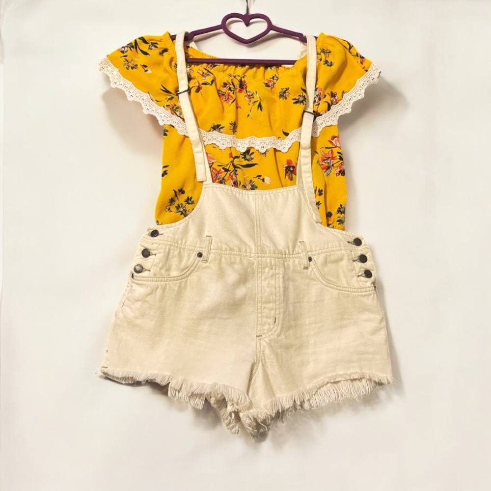 Free People Ivory Color Jean Overall Shorts with Frayed Hem